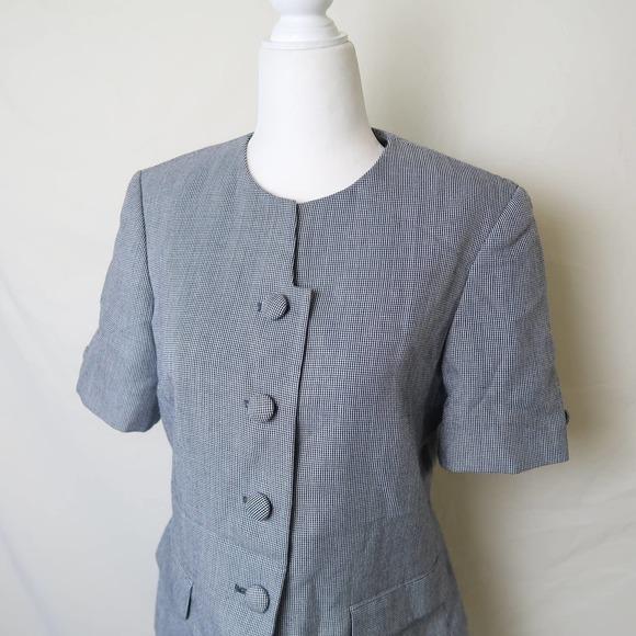 Vintage 90s Emily navy blue and white checker print skirt suit set 8P - Picture 2 of 10